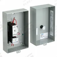 EATON IEC Magnetic Motor Starter: Non-Reversing, 3 Poles, Electronic Protection, 32 A, 240V AC (MPN ECX09H1BAA-R63/D). Key specifications — Brand: EATON; Pilot Lights Included: None; Auxiliary Contacts Included: 1NO/1NC.