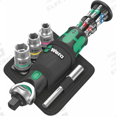 WERA Compact Ratchet: Hex/Phillips/Pozidriv/Torx Tip, 4 Tips, 140 mm Overall Lg - Combination Multi-Bit Screw & Nut Drivers