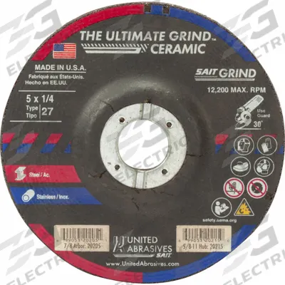 UNITED ABRASIVES-SAIT Abrasive Grinding Wheel: Type 27, 5" x 1/4" x 7/8", Ceramic, 24 Grit - Cool-Cutting Grinding Wheels for Carbon & Stainless Steel