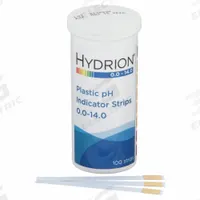 HYDRION pH Test Strips: 0 pH to 14 pH, 1.0 pH Resolution, 2 3/4 in Overall Lg, 1/4 in Overall Wd (MPN 9800). Key specifications — pH Resolution: 1.0 pH; Brand: HYDRION.