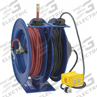COXREELS Dual Reel Spring Return Hose Reel: 50 ft (3/8 in I.D.) - Air & Electric Combination Spring-Return Hose Reels