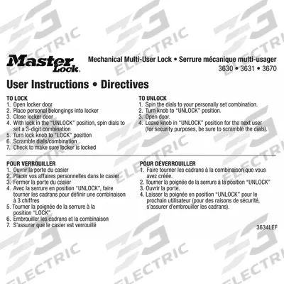 MASTER LOCK Instruction Sticker (MPN 3634LEF). Key specifications — attr1314084: MASTER LOCK. - Multiuser Locker Lock Instruction Magnets & Stickers