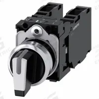 SIEMENS Selector Switch: 22 mm Panel Mounting Size, 3 Positions, Short Lever, 2NO/2NC, Metallic (MPN 3SU1150-2BM60-1LA0). Key specifications — AC Contact Rating: 10 A @ 600 V; Action: Momentary/Momentary/Momentary; Cam: No Cam Included; DC Contact Rating: 1 A @ 600 V; Hazardous Location Specification: Not Rated; Operator Head Material: Plastic; Operator Head Type: Short-Handled Knob; Operator Illumination: Illuminated.