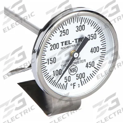 TEL-TRU Laboratory Dial Thermometer: 50°F to 500°F, +/- 1% Accuracy, 12 in Stem Lg - NSF-Rated Vat & Pan Clip-On Dial Thermometers