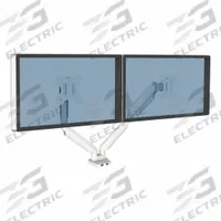 FELLOWES Dual Monitor Arm: White, Aluminum/Plastic, Clamp/Grommet Mount, 18 lb Wt Capacity (MPN 8056301). Key specifications — Features: Gas Spring Adjustment; Material: Plastic; Brand: FELLOWES; Product Type: Dual Monitor Arm; Mount Mechanism: Clamp/Grommet; Color: White.