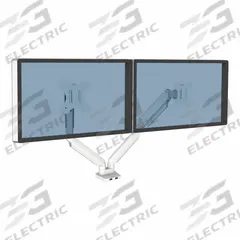 FELLOWES Dual Monitor Arm: White, Aluminum/Plastic, Clamp/Grommet Mount, 18 lb Wt Capacity (MPN 8056301). Key specifications — Features: Gas Spring Adjustment; Material: Plastic; Brand: FELLOWES; Product Type: Dual Monitor Arm; Mount Mechanism: Clamp/Grommet; Color: White.