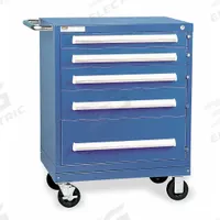 VIDMAR Modular Drawer Cabinet: 30 in x 27 3/4 in x 38 in, 5 Drawers, Pull, Adj Dividers, Casters (MPN RP1151A-MBKABB). Key specifications — Cabinet Color: Bright Blue; Frame Assembled: Assembled; Base Type: Casters; Drawer Inside Height: (1) 8-1/2 in; Drawer HxWxD: (1) 2-1/4 in x 25-1/8 in x 25-1/8 in; Work Surface Material: Steel; Drawer Handle Type: Pull; Cabinet Material: Steel.