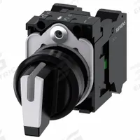 SIEMENS Selector Switch: 22 mm Panel Mounting Size, 3 Positions, Short Lever, 1NO, Non-Metallic (MPN 3SU11002BM603NA0). Key specifications — AC Contact Rating: 10 A @ 500 V; Action: Momentary/Momentary/Momentary; Cam: No Cam Included; DC Contact Rating: 5 A @ 500 V; Hazardous Location Specification: Not Rated; Operator Head Material: Plastic; Operator Head Type: Short-Handled Knob; Operator Illumination: Illuminated.