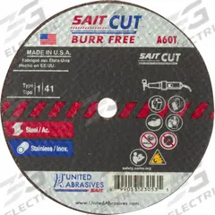 SAIT Abrasive Cut-Off Wheel: Type 1, 3" x 1/16" x 3/8", Aluminum Oxide, 60 Grit, A60T (MPN 23041). Key specifications — Series: A60T; Brand: UNITED ABRASIVES-SAIT.