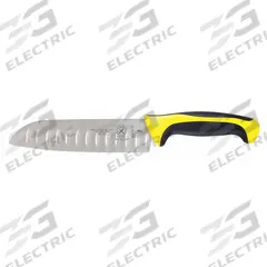 MERCER CUTLERY Santoku Knife: Granton Edge, 7 in Overall Lg, Steel Blade, Yellow Handle, Stamped (MPN M22707YL). Key specifications — Sub-brand: Millennia Colors; Brand: MERCER CUTLERY; Blade Material: Steel; Blade Type: Granton Edge; Forged/Stamped: Stamped; Handle Color: Yellow; Handle Material: Santoprene/Polypropylene; Knife Type: Santoku Knife.