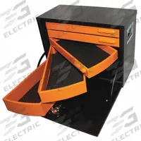 SWIVEL PRO SERIES Truck Box with Drawers: Underbody Truck Box, Single Drop-Down Door Door, Steel (MPN PRO252305). Key specifications — Color: Gloss Black/Orange; Latch Type: Rotating T-Handle; Brand: SWIVEL PRO SERIES; Lock Type: Keyed.