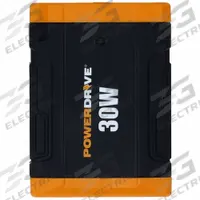 POWERDRIVE Inverter: Modified Sine Wave, Cigarette Lighter Input, 30 W Continuous Output Power (MPN PWD30). Key specifications — Brand: POWERDRIVE; DC Connection: Cigarette Lighter Input; Input Voltage: 10 to 15V DC; Inverter Output Form: Modified Sine Wave; Output Frequency: 58 to 62 Hz; Output Voltage: 115VAC.