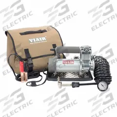 VIAIR CORPORATION Portable Air Compressor: Quiet, Oil Free, Tankless, 0.24 hp, 1.41 cfm @ 90 psi (MPN 40050). Key specifications — attr48686: Oil Free; attr48685: 24V DC; attr48689: 0.71 cfm @ 150 psi; attr48678: 15.0 A; attr48688: Carrying Bag; attr48671: VIAIR CORPORATION; attr124308: Quiet (less than 75 dBA).