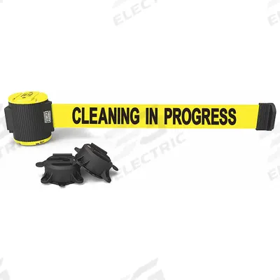 BANNER STAKES Magnetic Belt Barrier: Magnet, 30 ft Belt Lg, Maint & Cleaning Messaging - Magnetic-Mount Retractable Belt Barriers