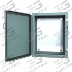 HAMMOND Electrical Enclosure: Steel, 20 in x 16 in x 8 in, NEMA 12/13, w/Panel, Solid Cover, Hinged (MPN 1418C8). Key specifications — Brand: HAMMOND; Closure Method: Clamps; Knockouts: Not Included.
