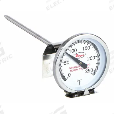 Dwyer Clip On Dial Thermometer: 0°F to 250°F, +/- 2% Accuracy, 8 in Stem Lg - General Purpose Vat & Pan Clip-On Dial Thermometers
