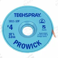 TECHSPRAY Desoldering Braid: Rosin Flux, # 4, 0.098 in, 5 ft, Blue, ESD-Safe (MPN 1811-5F). Key specifications — Color: Blue; Brand: TECHSPRAY; Manufacturer Part Number: 1811-5F.