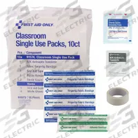 FIRST AID ONLY Child Response Kit: Gen Purpose, 24 People Served, 9 Components, Plastic (MPN 91574). Key specifications — Adhesive Bandages Included: (4) 3/4 in x 3 in Plastic Bandages; Application: General Purpose; Brand: FIRST AID ONLY; Housing Color: Clear; Housing Material: Plastic; Includes Oral or Inhalant Medication: No Medication Included; Mountable: Portable; Oral and Inhalant Medicinals Included: No Oral/Inhalant Medicinals.