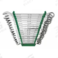 SK PROFESSIONAL TOOLS Combination Wrench Set: Alloy Steel, Chrome, 15 Tools, 15° Head Offset Angle (MPN 86265). Key specifications — attr309520: Chrome; attr309519: Alloy Steel; attr324929: SK PROFESSIONAL TOOLS; attr309512: Storage Rack; attr309522: No; attr309533: Yes.
