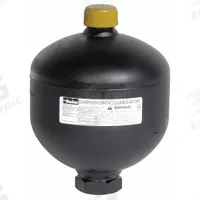 PARKER Diaphragm Accumulator: 45 cu in Fluid Volume, 45 cu in, 26 gpm Max. Flow, Hydrin (MPN AD075B25T9A1). Key specifications — attr98880: PARKER; attr95429: SAE #8; attr95431: Hydrin.