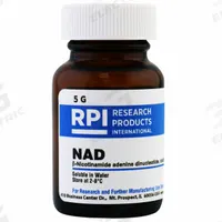 RPI NAD (B-Nicotinamide adenine dinucleotide, Free Acid): 5 g Volume, Powder, Glass (MPN N30110-5.0). Key specifications — Form: Powder; Brand: RPI; Chemical Grade: Lab; Container Material: Glass.