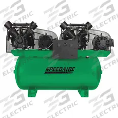 SPEEDAIRE Electric Air Compressor: 15 hp, 2 Stage, Horizontal, 200 gal, 100 cfm, 175 psi, Base Model (MPN 35WC65). Key specifications — attr48430: SPEEDAIRE; attr48445: 60 Hz; attr48448: Motor Starter; attr48450: 460V AC; attr48474: Three; attr48487: Horizontal.