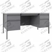 HIRSH INDUSTRIES Rectangular Office Desk: Melamine/Particleboard, White, 2 Pedestals, 5 Drawers (MPN 22655). Key specifications — Desktop Material: Particleboard; Includes Modesty Panel: Yes; Pedestal Location: Double Pedestal; Desktop Color: White; Brand: HIRSH INDUSTRIES; Frame Color: Gray; Frame Material: Steel; Product Type: Rectangular Office Desk.