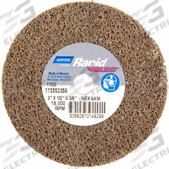 NORTON Bond Non Woven Wheel: 3 in Dia x 1/2 in W, 3/8 in Arbor Hole, Aluminum Oxide, Medium, Hard (MPN 66261014929). Key specifications — Series: Bear-Tex Rapid Blend NEX; Brand: NORTON.