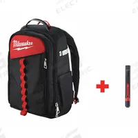 MILWAUKEE Tool Backpack: 14 in W 18 in H, Polyester, Black/Red, 18 Inside Pockets, Polyester (MPN 48-22-8202, 2105). Key specifications — attr1116417: Load-Bearing Harness; attr1116432: MILWAUKEE; attr1116408: Black.