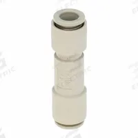 SMC Pneumatic Check Valve: Straight, 8 mm Tubing, 8 mm Tubing, 1 MPa Max. Pressure (MPN AKH08-00). Key specifications — attr291949: 8 mm Tubing; attr291950: 8 mm Tubing; attr291957: Brass (Body); Brass (Spacer); NBR (O-Ring); NBR, Aluminum Alloy (Valve); Stainless Steel (Stopper); Stainless Steel + NBR (Gasket).