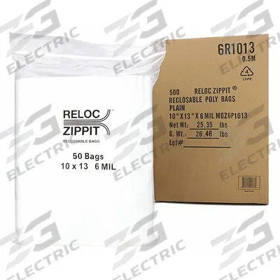 RELOC ZIPPIT Reclosable Bag: 6 mil Thick, 10 in Wd, 13 in Lg, Hang Hole Not Included - Single-Zip Reclosable Poly Bags