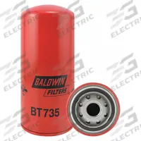 BALDWIN FILTERS Hydraulic Filter: Hydraulic Fluid, 1-12 Thread Size, Spin-On, 3 3/4 in Outside Dia (MPN BT735). Key specifications — Media Material: Cellulose; Brand: BALDWIN FILTERS; Compatible Fluid Type: Hydraulic Fluid; Compatible Vehicle Make: Demag; Includes: 30 psid Bypass Valve; Thread Size: 1-12.