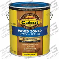 CABOT Wood Stain: Wood Stain and Sealer, Exterior, Oil, 1 gal Container Size, Wood, Flat, Heartwood (MPN 140.0019204.007). Key specifications — Brand: CABOT; Transparency: Transparent; Use Location: Exterior; Sheen: Flat; Sub-Brand: Wood Toned Low VOC; Color: Heartwood.