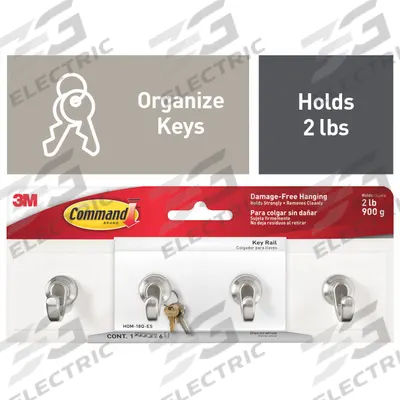 COMMAND Key Rack: 2 lb Wt Capacity, 1 Points per Hook, Quartz, 2 1/8 in Overall Ht - Adhesive-Backed Hook Racks