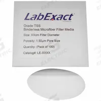 LABEXACT Glass Microfiber Filter: TSS, 4.7 cm Dia, 0.43 mm Thick, 1.5 um Pore Size (MPN 12K992). Key specifications — attr976405: Filter; attr976393: LABEXACT.