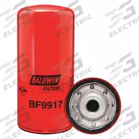 BALDWIN FILTERS Fuel Filter: Spin-On, 4 3/8 in Outside Dia, 1"-14 Thread Size, Cellulose, John Deere (MPN BF9917). Key specifications — attr1137520: BF9917; attr1137521: FS1093; attr434022: BALDWIN FILTERS; attr427730: Cellulose; attr427731: Integral Post Seal; attr1017112: Buses; attr1017113: John Deere.