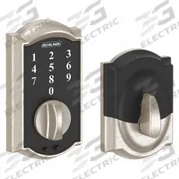 SCHLAGE RESIDENTIAL Electronic Keyless Lock: 1 3/4 in Door Thick - Max, Push Button, Nickel (MPN BE375 CAM 619). Key specifications — Power Source: 9V Battery.