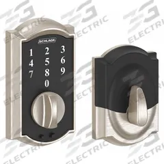 SCHLAGE RESIDENTIAL Electronic Keyless Lock: 1 3/4 in Door Thick - Max, Push Button, Nickel (MPN BE375 CAM 619). Key specifications — Power Source: 9V Battery.