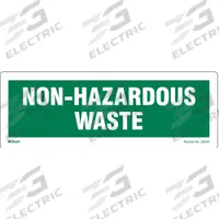 BRADY DOT Handling Label: Non-Haz Waste, 10 in x 3 1/2 in, 10 in Label Wd, 3 1/2 in Label Ht, 100 PK (MPN 20034LS). Key specifications — Message: Non-Hazardous Waste; Background Color: Green; Brand: BRADY.
