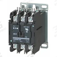 EATON Definite Purpose Magnetic Contactor: 3 Poles, 208-240V AC, 40 A, Non-Reversing (MPN C25DNF340B). Key specifications — Brand: EATON; Coil Voltage: 208-240V AC; Contactor Style: HVACR Definite Purpose Contactor; Frame Size: D; Terminal Connection Type: Quick-Disconnect Terminals; Maximum Voltage Rating: 690V AC; Series: C25 Series; Phase: Three.