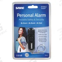 SABRE Personal Protection Alarm: Personal Keychain, Black, Battery, 110 dB Sound Level, Plastic (MPN PA-01). Key specifications — Brand: SABRE; Housing Color: Black; Housing Material: Plastic; Product Type: Personal Alarm.