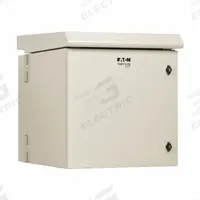 EATON TRIPP LITE Server Enclosure with Fan: 12 Rack Units, NEMA 3R, 120V AC, Gray Powder-Coated (MPN SRN3RG12USDP). Key specifications — Brand: EATON TRIPP LITE; Includes: (4) LDPE Sheet Metal Plugs; Material: Steel; Fan Input Voltage: 120V AC; Fan Style: (5) 150 mm Fans; PBT Blades; Aluminum Frame; 190/210 CFM.