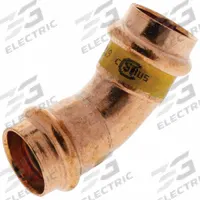 NIBCO Crimp Elbow Fitting: 45° Elbow, Press-fit x Press-fit, No Center Stop, Copper, HNBR O-Ring (MPN 9043100HPC). Key specifications — Brand: NIBCO; Broad - Material for Bullet: Copper Or Bronze; Fitting Size: 1-1/4 in CTS x 1-1/4 in CTS x 1-1/4 in CTS x 1-1/4 in Pipe; Brand - Broad: NIBCO.