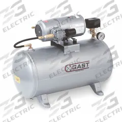 GAST Electric Air Compressor: 0.33 hp, 1 Stage, Horizontal, 12 gal, 1.1 cfm, 100 psi, 120V AC (MPN 3HBB-69T-M300AX). Key specifications — attr48430: GAST; attr48445: 60 Hz; attr48448: Pump; attr48450: 120V AC; attr48474: Single; attr48487: Horizontal.