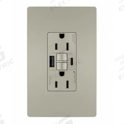 LEGRAND Receptacle: 5-15R, Nickel, 125V AC, 15 A - Weather-Resistant Receptacles with USB Chargers