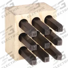 YOUNG BROS. STAMP WORKS Hand Stamp Kit: 0 thru 9 (6 doubles as 9), 3/16 in Character Ht, # Set (MPN 05094). Key specifications — Material: Steel; Brand: YOUNG BROS. STAMP WORKS; Characters Included: 0 thru 9 (6 doubles as 9).