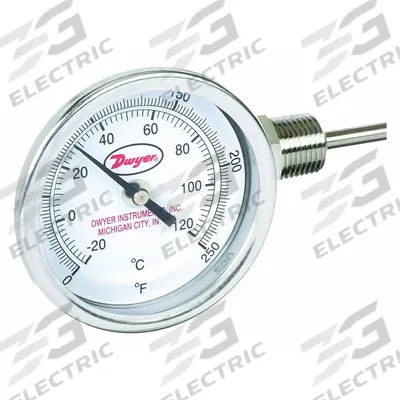Dwyer Dial Thermometer: 0°F to 250°F /-20°C to 120°C, ±2%Full Scale Accuracy - Side- & Bottom-Mount Fixed-Angle Thread-Mount Dial Thermometers