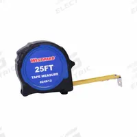 WESTWARD Tape Measure: Nonmagnetic Single Hook Tip, 25 ft, Plastic with Rubberized Grip, Black/Blue (MPN 824K12). Key specifications — attr935324: WESTWARD; attr942259: Black; attr935326: Stud Markings; attr935328: 1/32 in (1st 12 in); attr935329: Feet; attr935337: SAE; attr936607: Manual Lock; attr972446: Inch.
