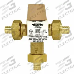 WATTS Thermostatic Mixing Valve: 3/4 in Inlet Connection Size, 3/4 in Outlet Connection Size, Brass (MPN 3/4 LF MMV-PEX). Key specifications — attr1037830: Solid Wax Hydraulic Principle Thermostat; attr1037827: WATTS.