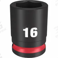 MILWAUKEE Standard Impact Socket: 3/8 in Drive Size, Metric, 16 mm Socket Size, 6-Point, Std (MPN 49-66-6140). Key specifications — attr1215501: MILWAUKEE; attr1215515: Black Phosphate; attr1215518: 16 mm.